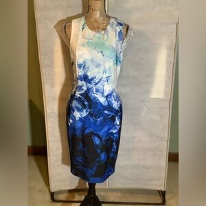 Calvin Klein, Blue & White print sleeveless shift dress. No Sz Tag